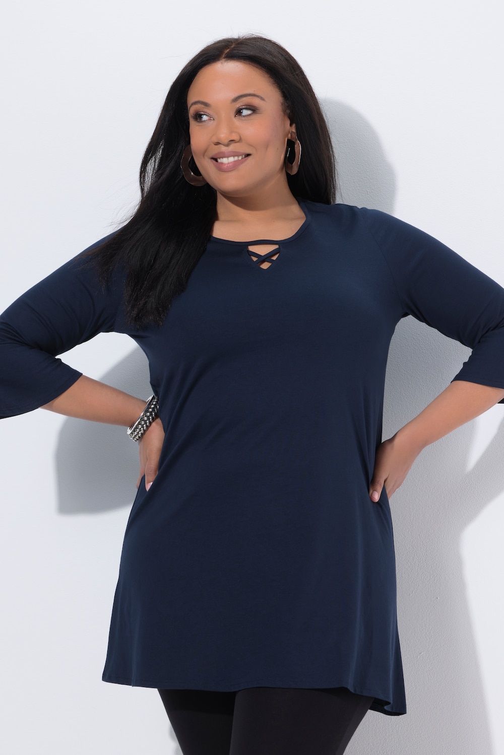 Longshirt, Zierbänder, A-Linie, Tunika-Ausschnitt, 3/4-Arm