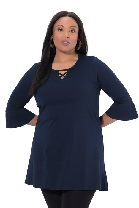 Dlouhé tričko, ozdobné stuhy, A střih, tunikový výstřih, 3/4 rukávy