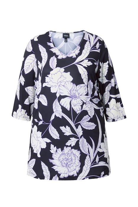 Dlouhé tričko, květy, A střih, výstřih do V, 3/4 rukávy