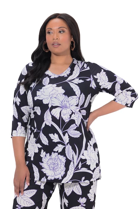 Dlouhé tričko, květy, A střih, výstřih do V, 3/4 rukávy