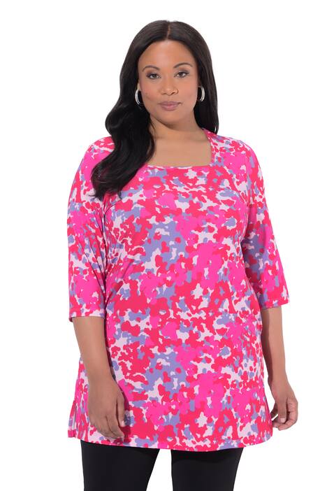 Dlouhé tričko, grafický potisk, hranatý výstřih, 3/4 rukávy