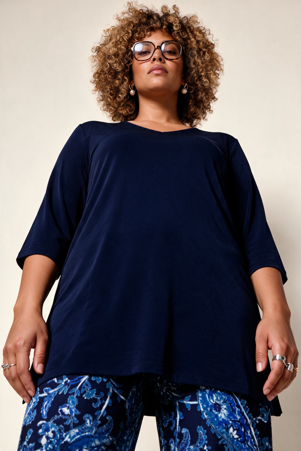 Longshirt, A-Linie, V-Ausschnitt, 3/4-Arm