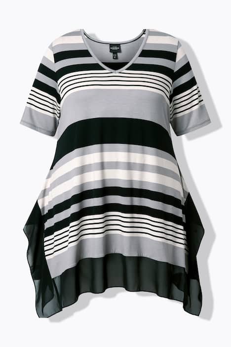 Tričko, proužky, šifonový lem, V výstřih, polodlouhý rukáv