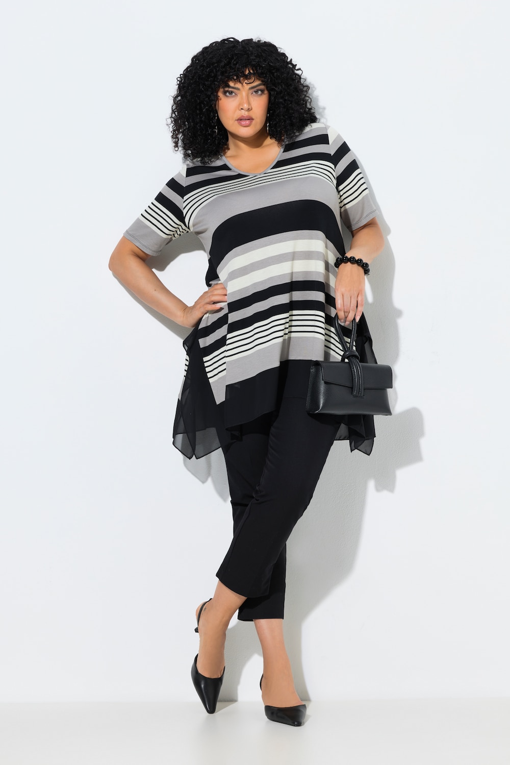 T-shirt, strepen, chiffon zoom, V-hals, korte mouwen