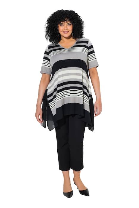 Tričko, proužky, šifonový lem, V výstřih, polodlouhý rukáv