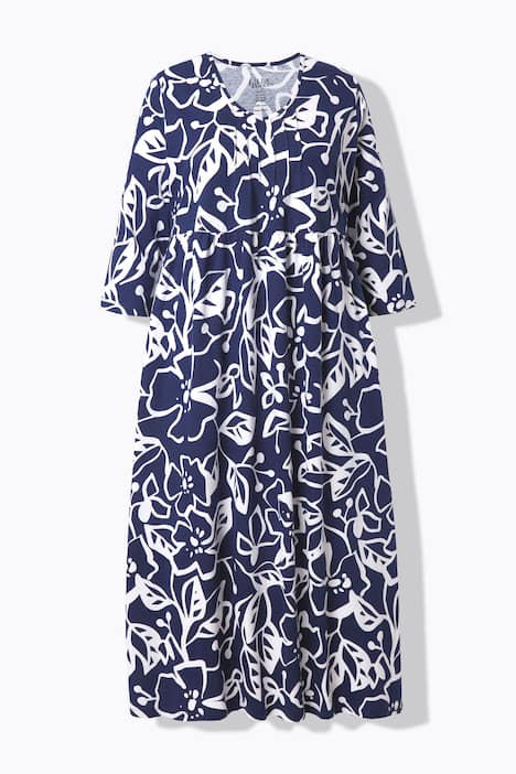 Maxikleid, Blüten, A-Linie, V-Ausschnitt, 3/4-Arm