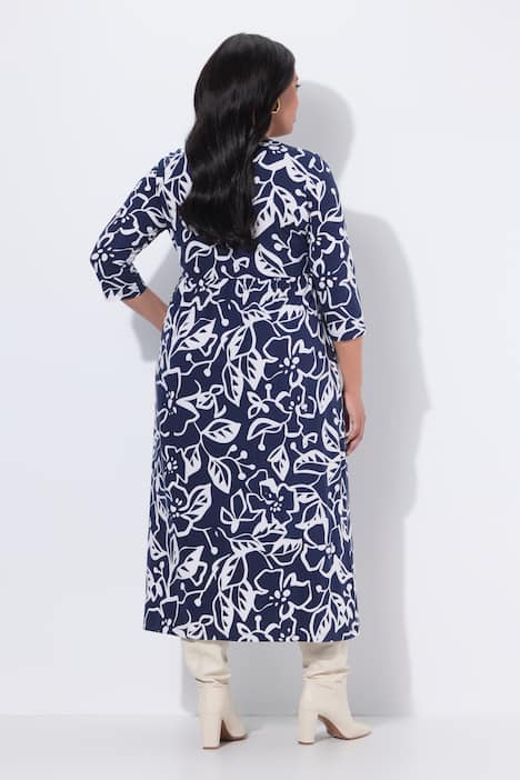 Maxikleid, Blüten, A-Linie, V-Ausschnitt, 3/4-Arm