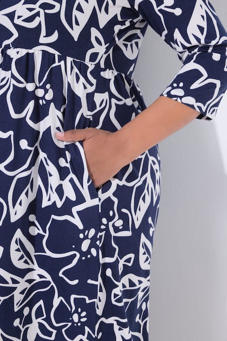 Maxikleid, Blüten, A-Linie, V-Ausschnitt, 3/4-Arm