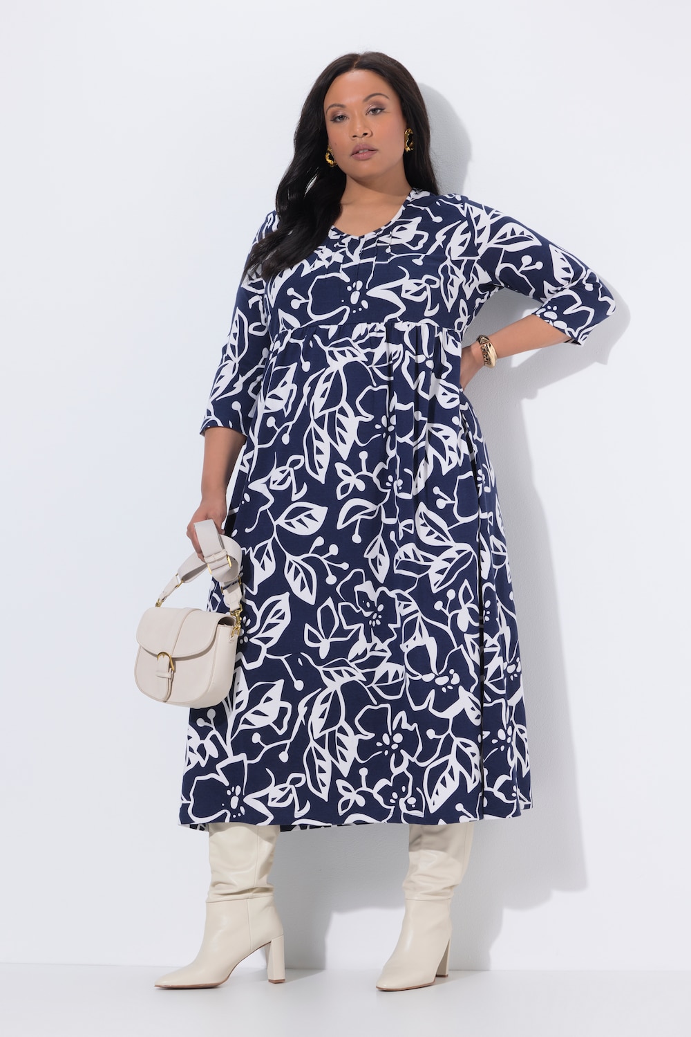 Maxi-jurk, bloemen, A-lijn, V-hals, 3/4-mouwen