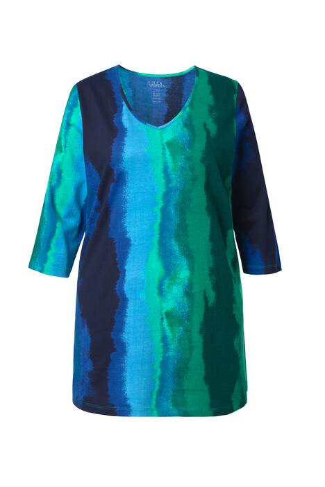 Dlouhé tričko, batikovaný potisk, A střih, výstřih do V, 3/4 rukávy