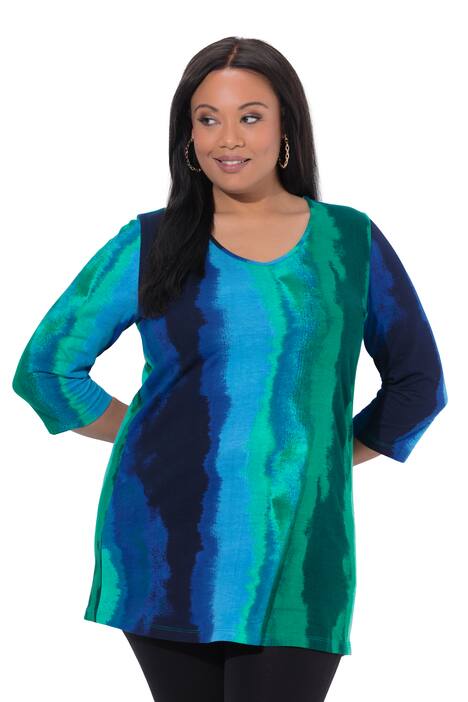 Dlouhé tričko, batikovaný potisk, A střih, výstřih do V, 3/4 rukávy