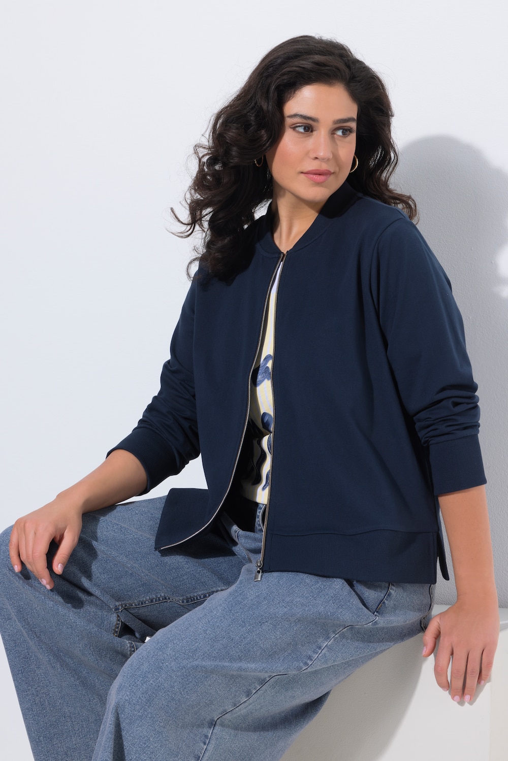 Blouson van sweatstof, collegekraag, kort, lange mouwen