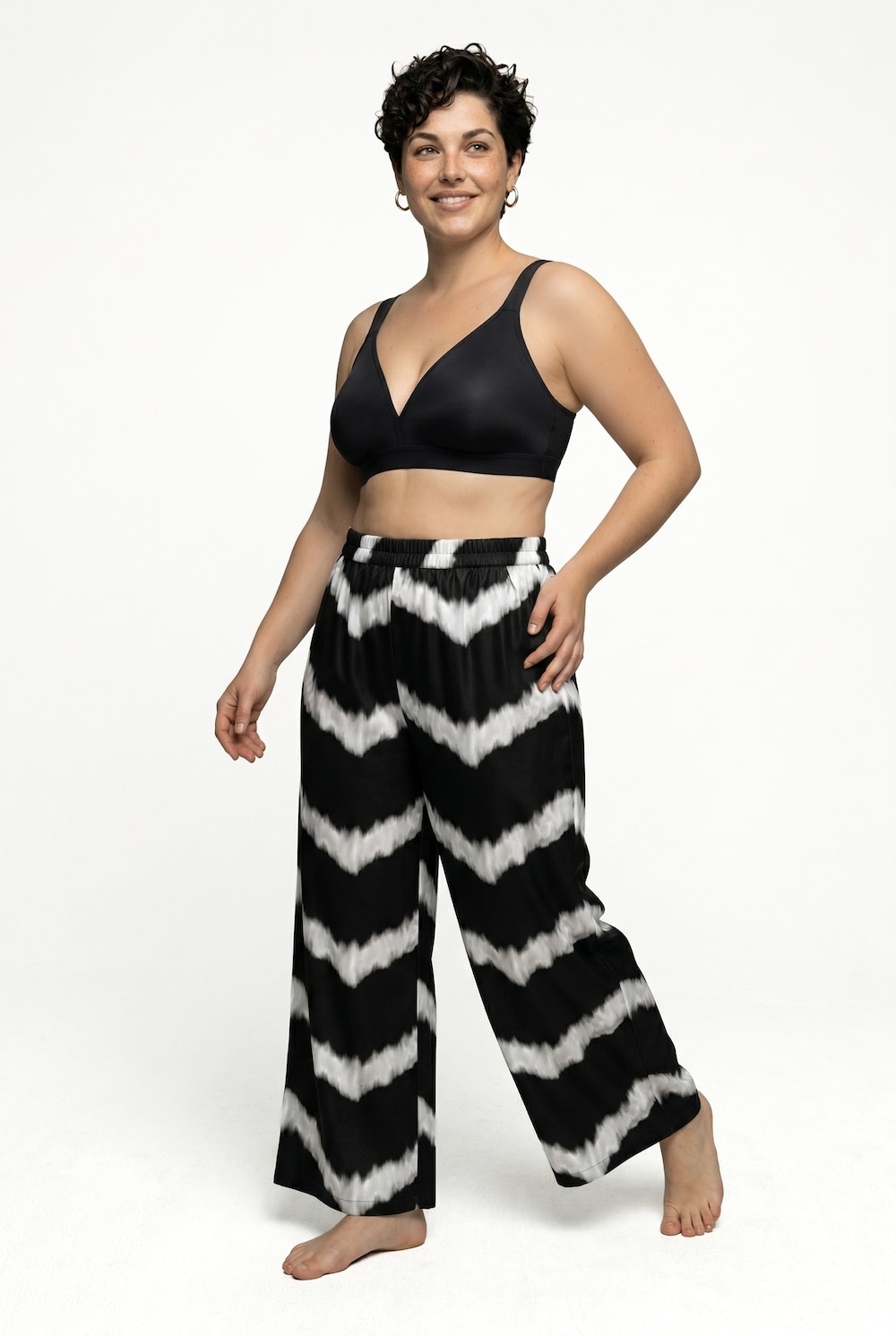 Wijde broek, zigzagpatroon, wijde pijpen, elastische tailleband