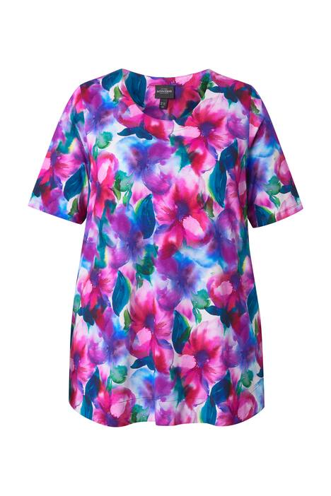 Splývavé tričko, akvarelové květiny, A střih, kulatý výstřih, polo rukávy