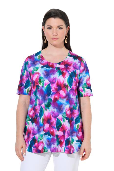 Splývavé tričko, akvarelové květiny, A střih, kulatý výstřih, polo rukávy