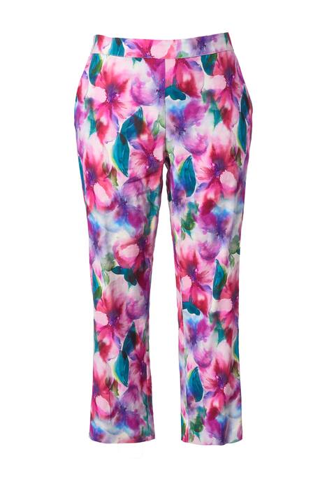 Kalhoty Ruby, květinový vzor, lněná směs, rovné nohavice, komfortní pas