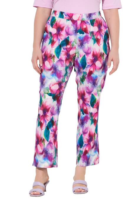 Kalhoty Ruby, květinový vzor, lněná směs, rovné nohavice, komfortní pas