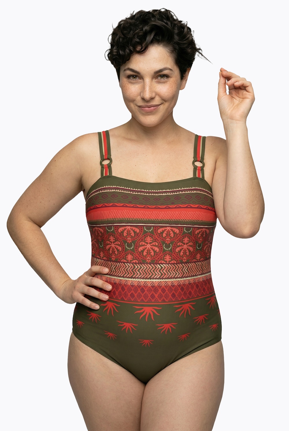 Stora storlekar Baddräkt i boho-mönster med softcups, Dam, grön, storlek: 50, Polyester/Elastan, Ulla Popken