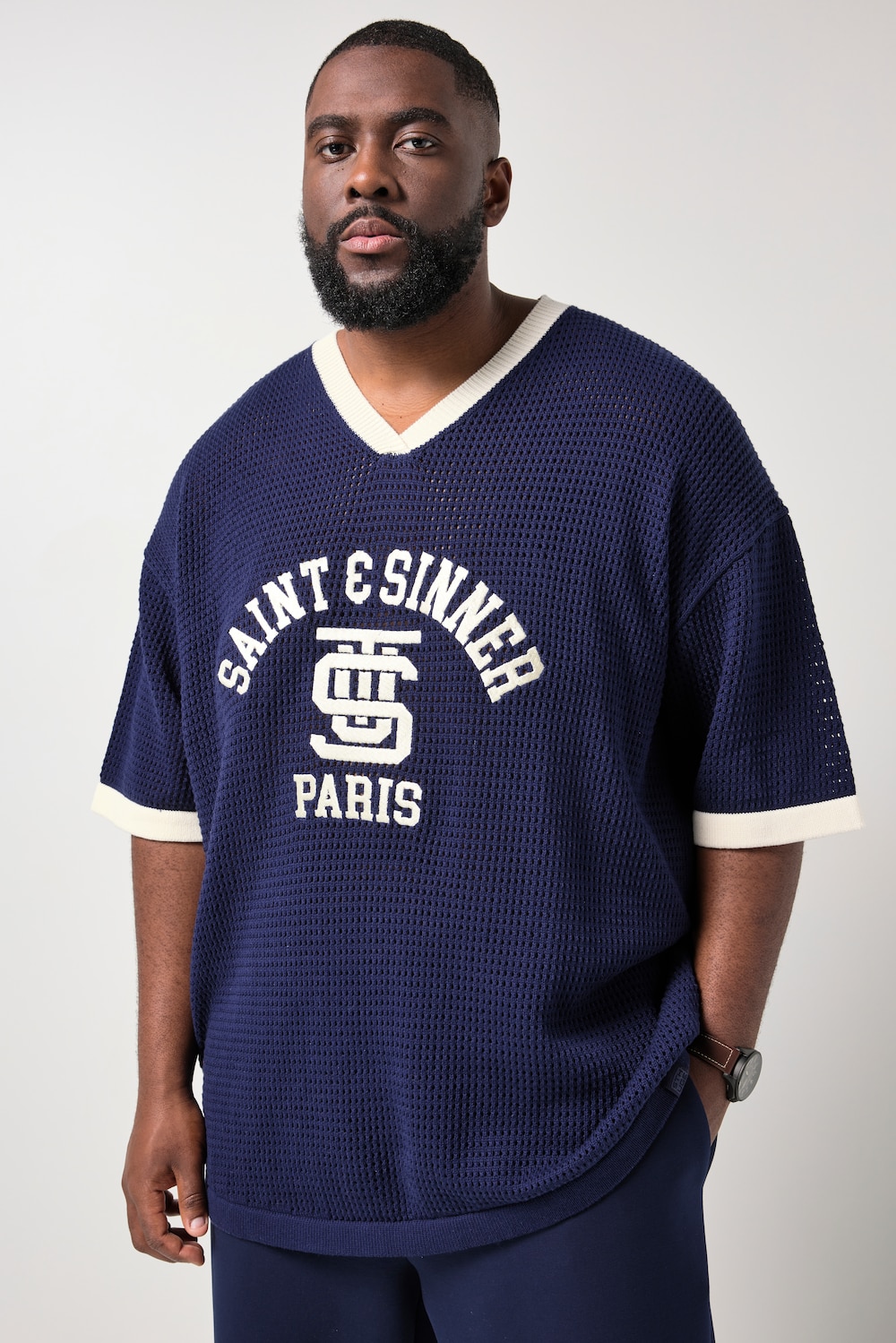 STHUGE T-Shirt, Halbarm, Strick-Mesh, V-Ausschnitt, bis 8 XL