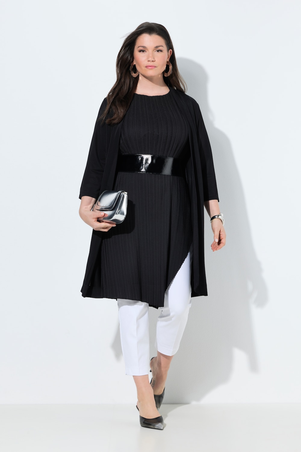 Lang vest van slinky-piqué, sjaalkraag, 3/4-mouwen, zonder sluiting