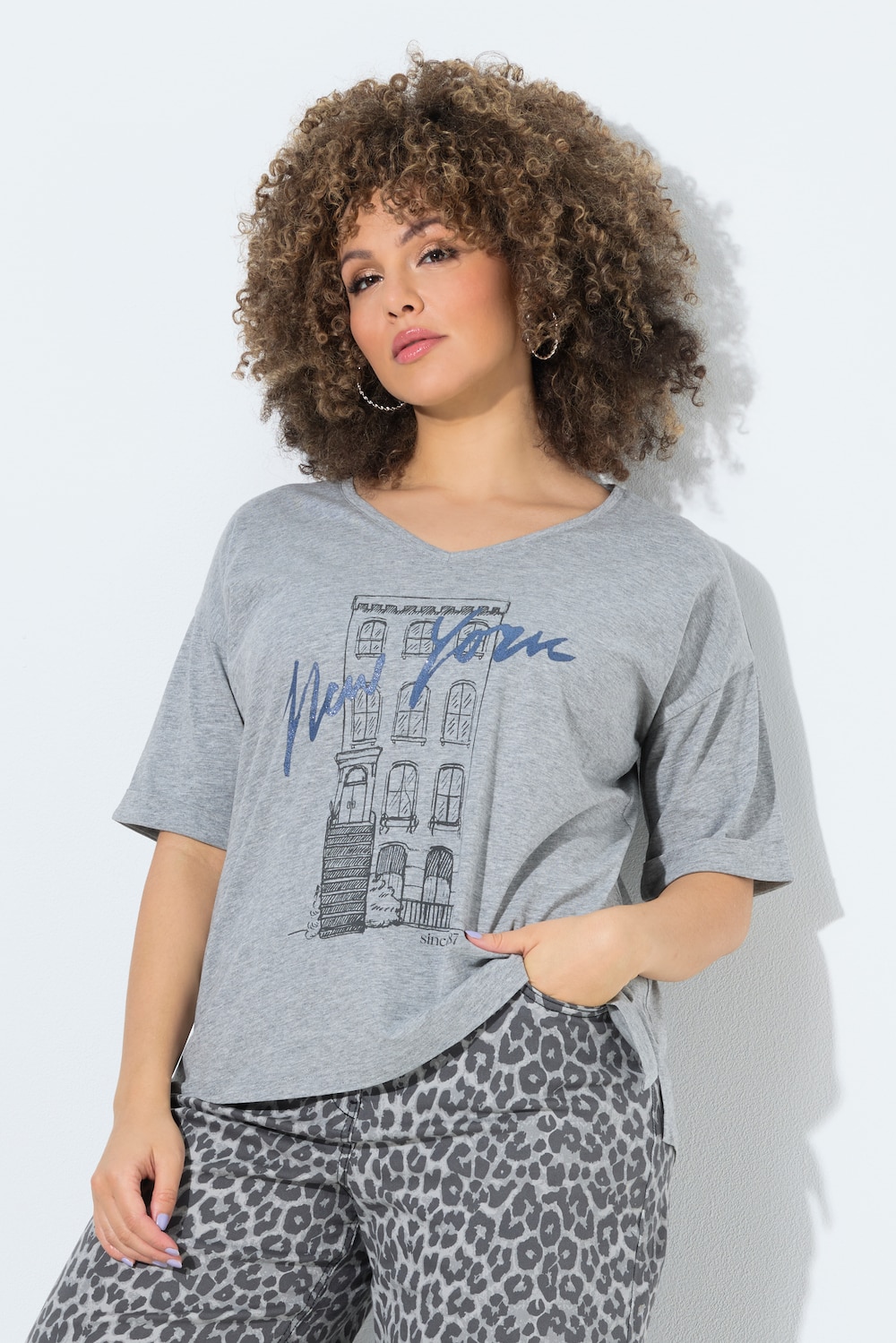 T-Shirt, New York, Oversized, V-Ausschnitt, Halbarm