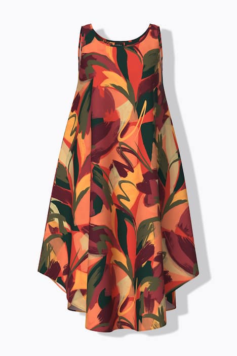 Vestido midi, hojas, línea A, cuello redondo, sin mangas