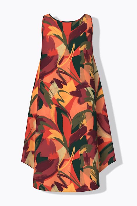 Vestido midi, hojas, línea A, cuello redondo, sin mangas