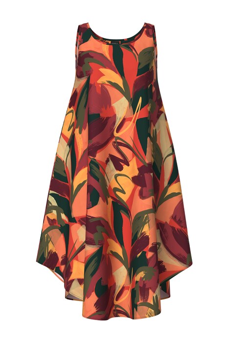 Midi šaty, listy, áčkový střih, kulatý výstřih, bez rukávů