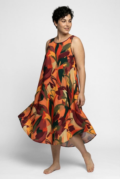 Midikleid, Blätter, A-Linie, Rundhals, ärmellos