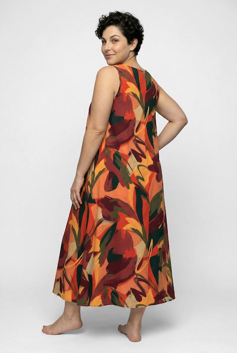 Midikleid, Blätter, A-Linie, Rundhals, ärmellos