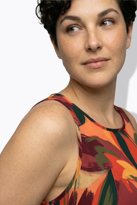 Midikleid, Blätter, A-Linie, Rundhals, ärmellos