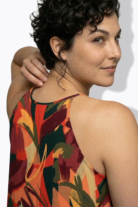 Midikleid, Blätter, A-Linie, Rundhals, ärmellos