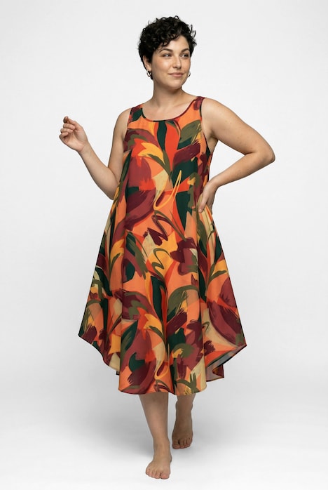 Midikleid, Blätter, A-Linie, Rundhals, ärmellos