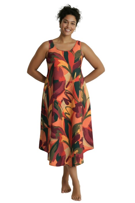 Midi šaty, listy, áčkový střih, kulatý výstřih, bez rukávů