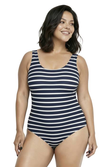 Plavky, proužky, bez měkkých košíčků, kulatý výstřih