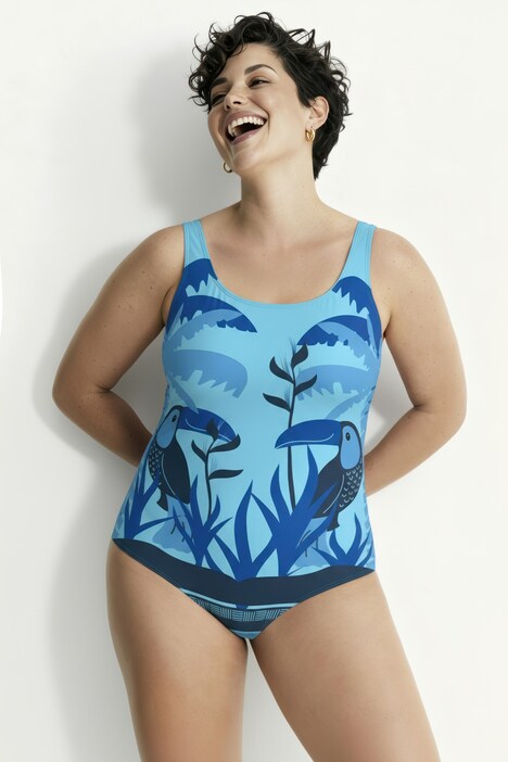 Ulla Popken Costume Intero Senza Coppe – Stampa Astratta Geometrica, Scollo Rotondo, Fodera Morbida, Taglie Forti