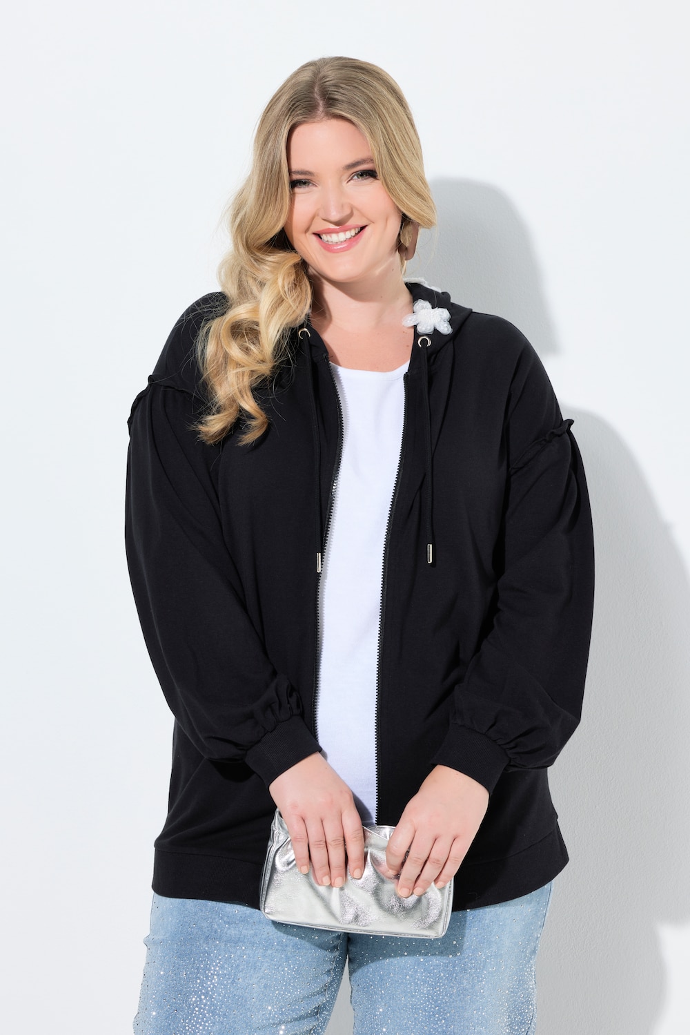 Sweatjacke, Loose Fit, Kapuze mit Glitzer-Blüten