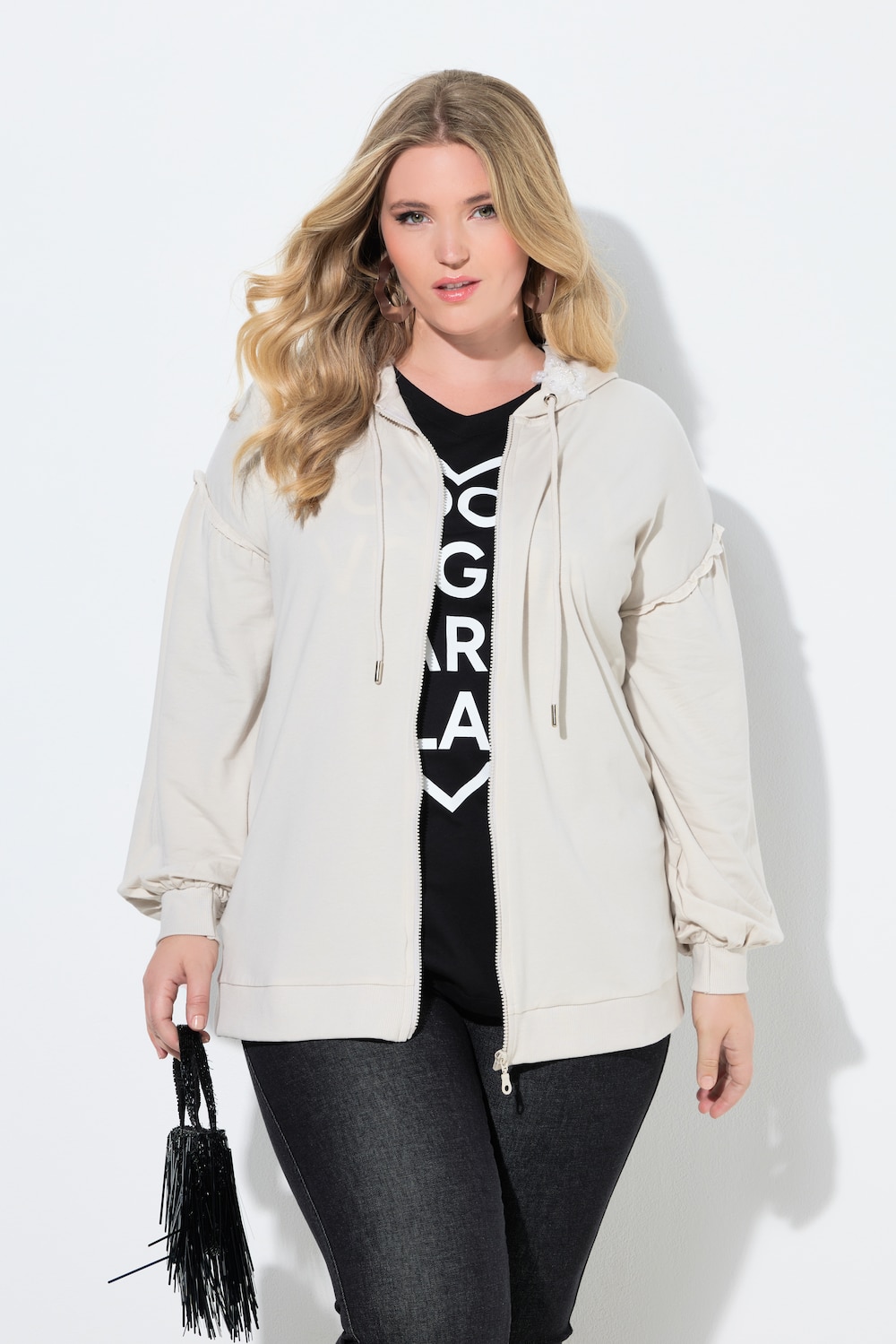 Sweatjacke, Loose Fit, Kapuze mit Glitzer-Blüten