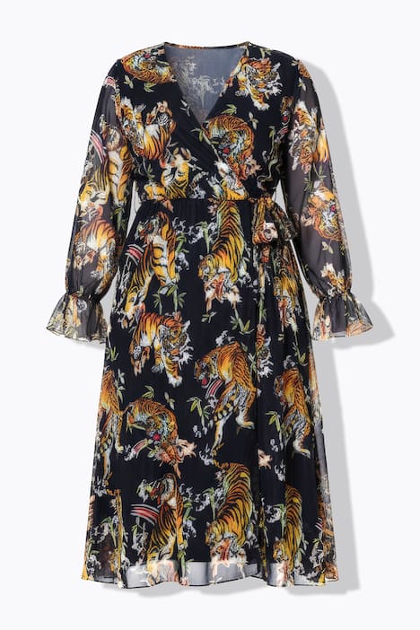 Mesh midi-jurk, A-lijn, tijgerprint, wikkeleffect