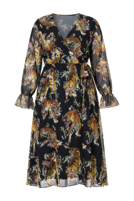 Síťované midi šaty, A střih, potisk tygra, zavinovací efekt
