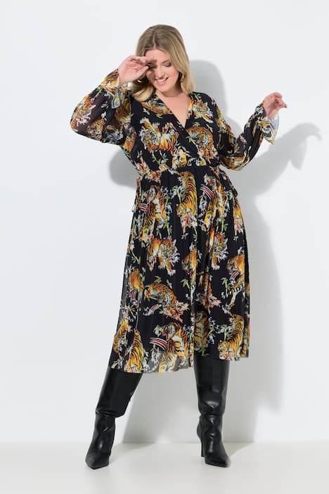 Mesh midi-jurk, A-lijn, tijgerprint, wikkeleffect