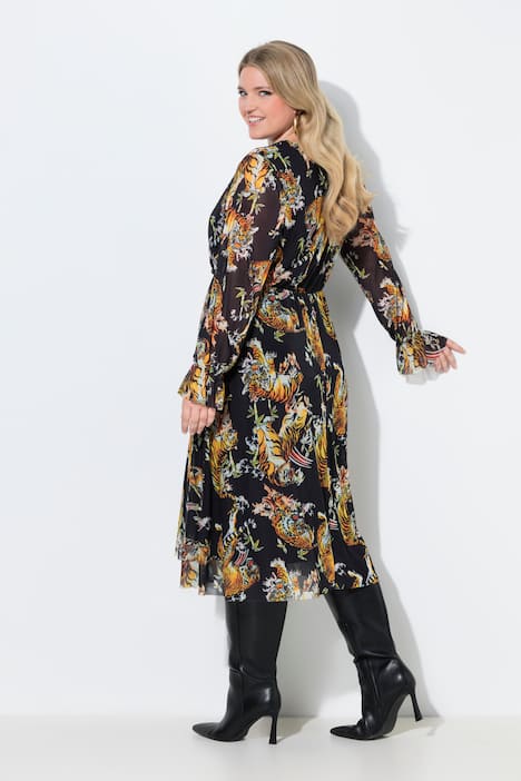 Mesh midi-jurk, A-lijn, tijgerprint, wikkeleffect