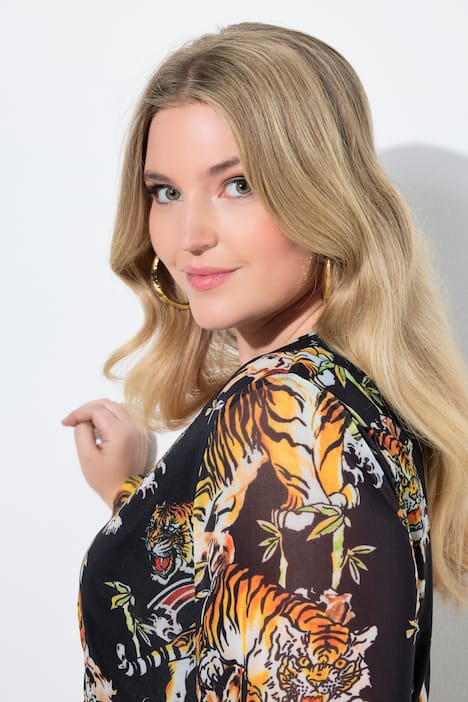 Mesh midi-jurk, A-lijn, tijgerprint, wikkeleffect