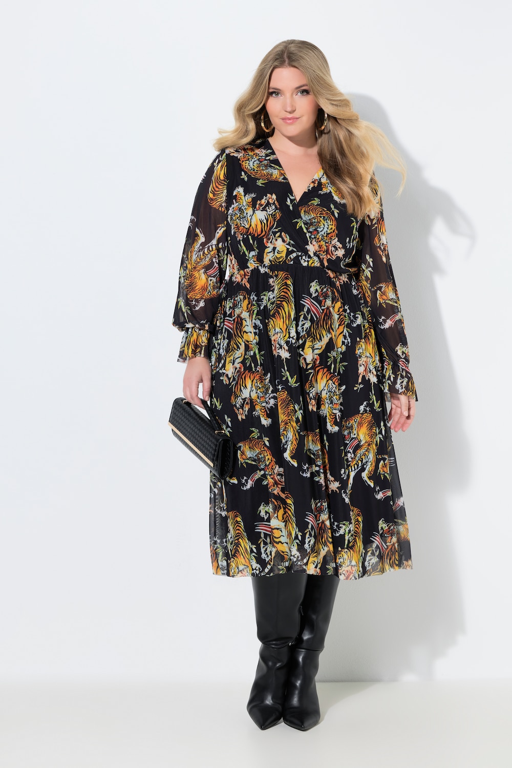 Mesh midi-jurk, A-lijn, tijgerprint, wikkeleffect