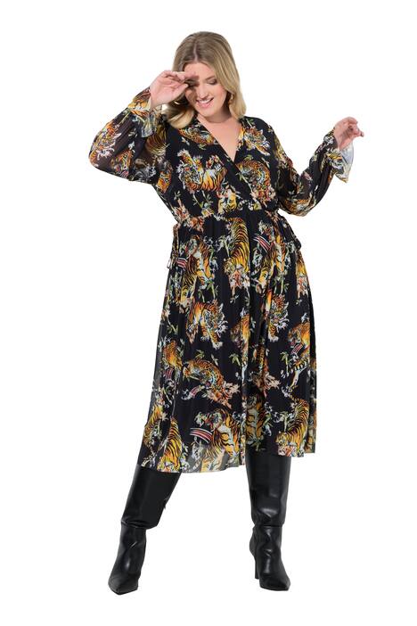 Síťované midi šaty, A střih, potisk tygra, zavinovací efekt