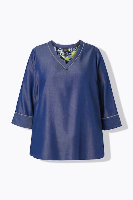 Lyocell-Blusenshirt, Jeansoptik, V-Ausschnitt, 3/4-Arm