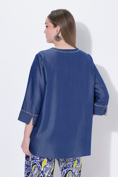 Lyocell-Blusenshirt, Jeansoptik, V-Ausschnitt, 3/4-Arm