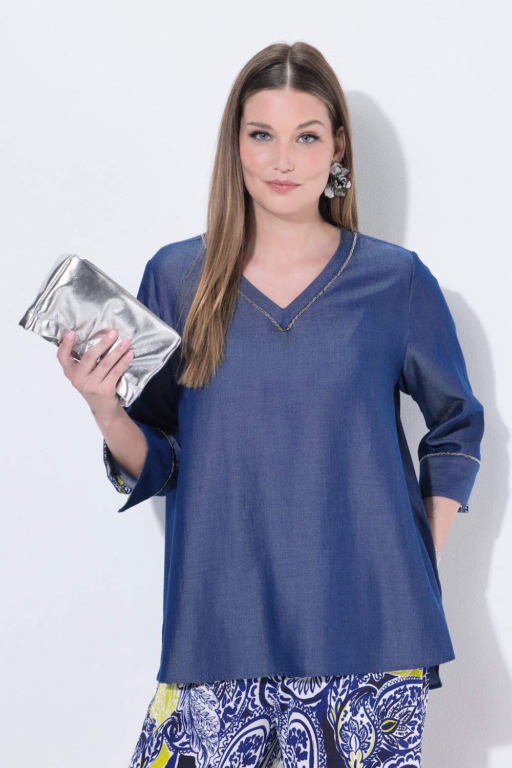 Lyocell-Blusenshirt, Jeansoptik, V-Ausschnitt, 3/4-Arm