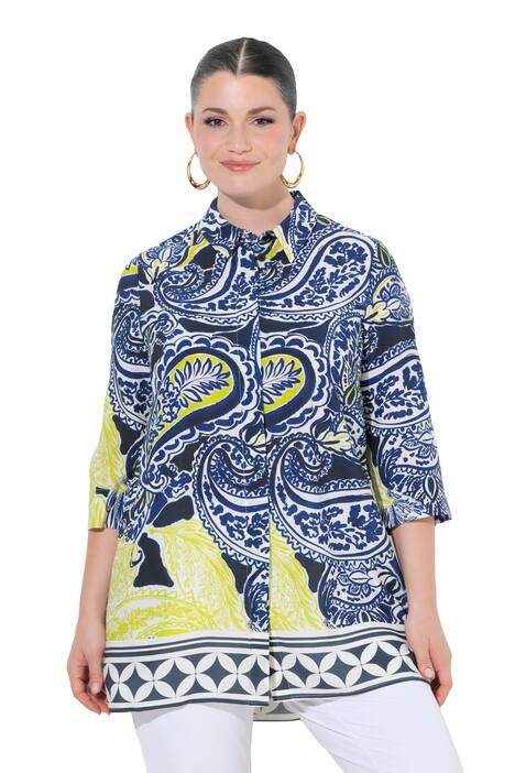 Lyocellová dlouhá halenka, kašmírový vzor, košilový límec, 3/4 rukávy