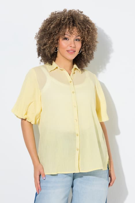 Blouse, crêpe-look, overhemdkraag, korte ballonmouwen